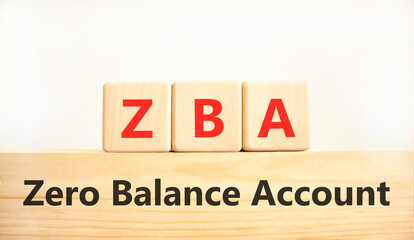 ZBA zero balance account symbol. Concept words ZBA zero balance account on beautiful wooden blocks. Beautiful white background. Business ZBA zero balance account concept. Copy space.