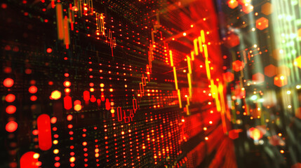 Fototapeta premium Stock Market Chart: A dynamic chart displaying stock prices, typically showing candlestick patterns, line graphs, or bar charts with fluctuating price points. 