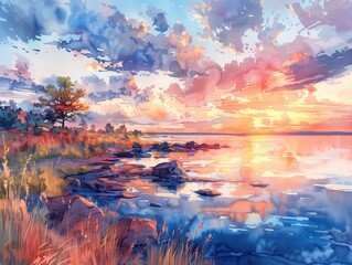 Watercolor painting of a serene lake sunset with vibrant orange, pink, and blue clouds reflecting on the water, grassy shore, and distant trees
