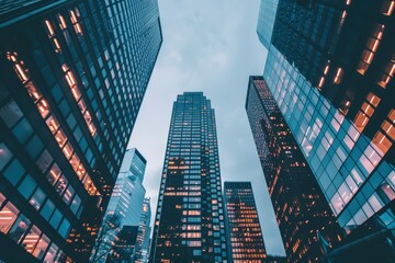 a group of tall buildings in a city at night