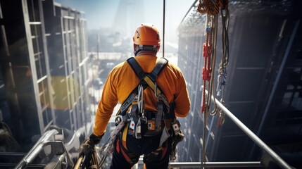 engineers Employee working at height with safety equipment.