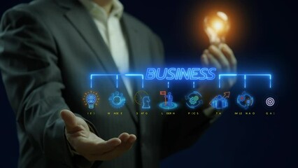 Businessman holding glowing lightbulb to show neon line banner of business concept with icons of ideas, management, strategy, leadership, process, team, implementation and goals.
