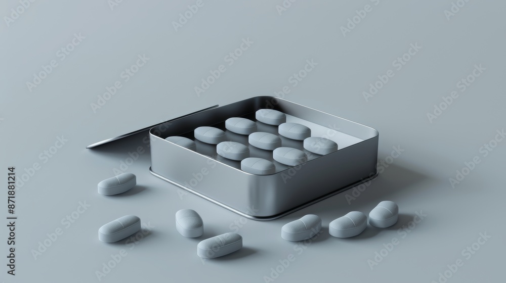 Poster an isolated mockup of a drug pills pack isolated on gray. it contains an open tablet box. the 3d ren