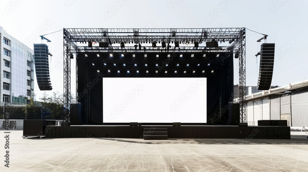 Poster high resolution image of stage rigging truss system with blank backdrop for a concert performance. 3
