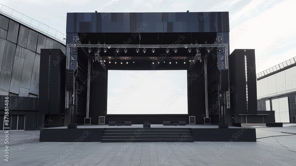 Poster an image of a stage rigging truss system with a blank backdrop used during a concert performance. th