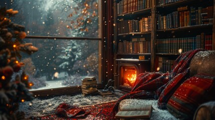 A cozy reading nook with a crackling fireplace and shelves of books, against a softly blurred background of falling snow outside the window