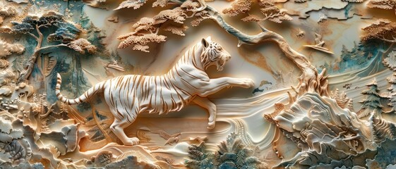 Intricate Tiger Relief Sculpture in Natural Landscape with Detailed Carvings and Artistic Design