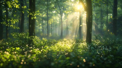 Describe the tranquility of a forest glade with sunlight filtering through the trees, casting soft shadows against the blurred background of swaying branches