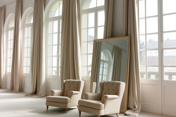Two elegant armchairs positioned in front of a mirror within a minimalist-styled room adorned with neutral colors and expansive windows