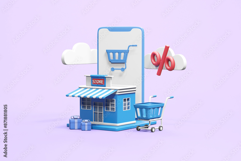 Poster a vibrant 3d render highlighting the excitement of online shopping with floating elements of a smart