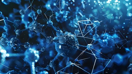 Futuristic background dark blue with molecules technology, polygonal shapes and lines. 