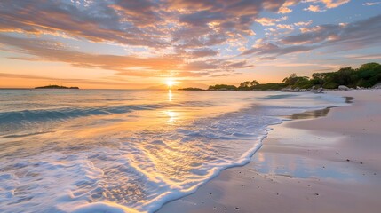 Tranquil Beach Paradise: White Sand, Clear Waters, Gentle Waves, Stunning Sunset