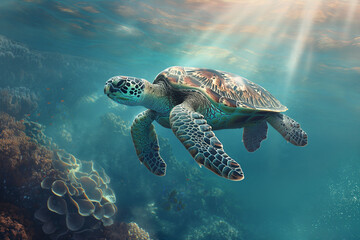 Fototapeta premium With elegance, a sea turtle navigates the profound depths of the ocean, moving gracefully through the underwater expanse