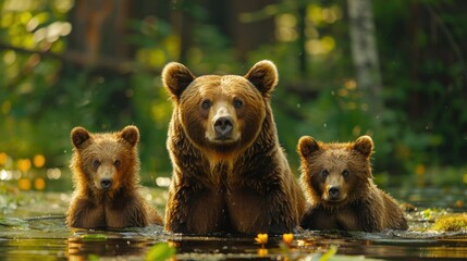Obraz premium A Family of Brown Bears Enjoying a Cool Dip in the Water