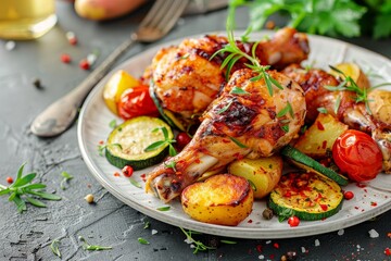 Delicious baked chicken legs with spicy fried potatoes and zucchini