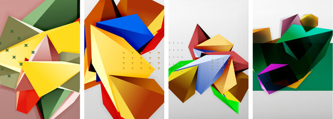 Trendy low poly 3d triangle shapes and other geometric elements background designs for wallpaper, business card, cover, poster, banner, brochure, header, website