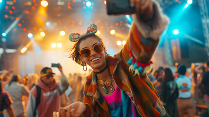 Gen Z Taking Selfie with Pocket Camera at Concert