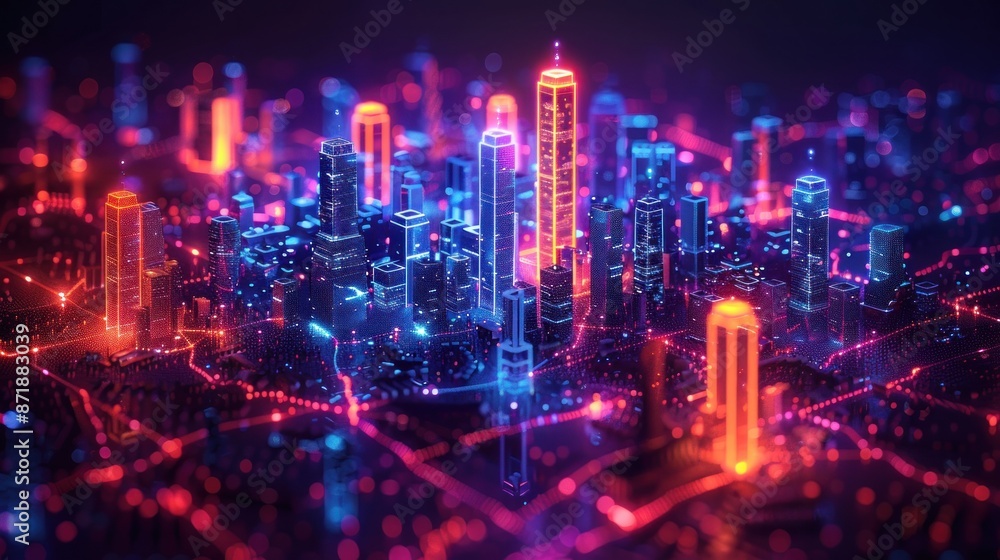 Sticker Digital Cityscape with Neon Lights