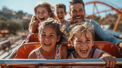 Family Laughing on Roller Coaster at Amusement Park..