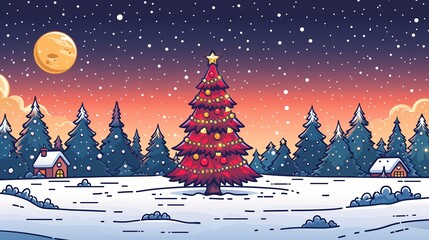 Fototapeta premium Decorated Christmas Tree in a Snowy Forest Under a Full Moon