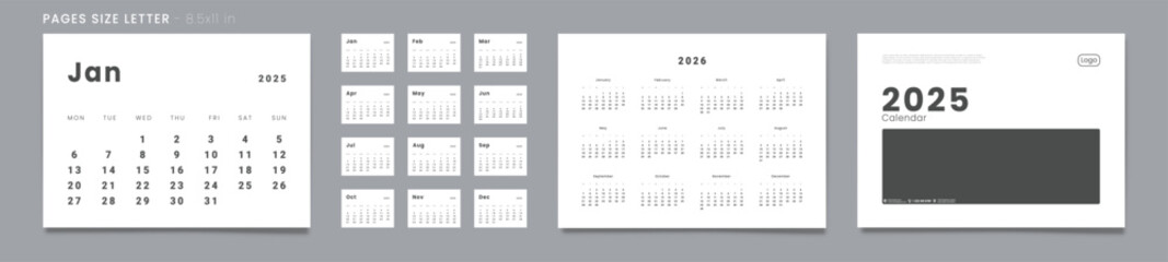 Set of 2025-2026 Pages Monthly Calendar Planner Templates, Cover with Company Logo. Vector pages size Letter-8.5x11 in for wall or desk minimalist calendar with week start on Monday for printing