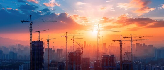 Naklejka premium construction site and sunset , structural steel beam build large residential buildings