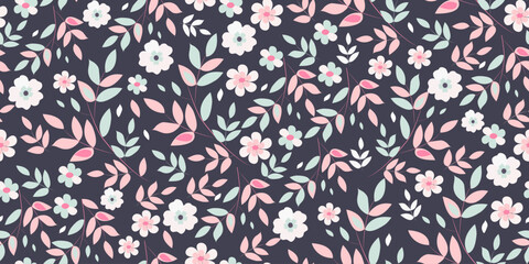 Seamless botanical pattern of meadow herbs and flowers on a dark blue background. Excellent design for packaging and textiles.