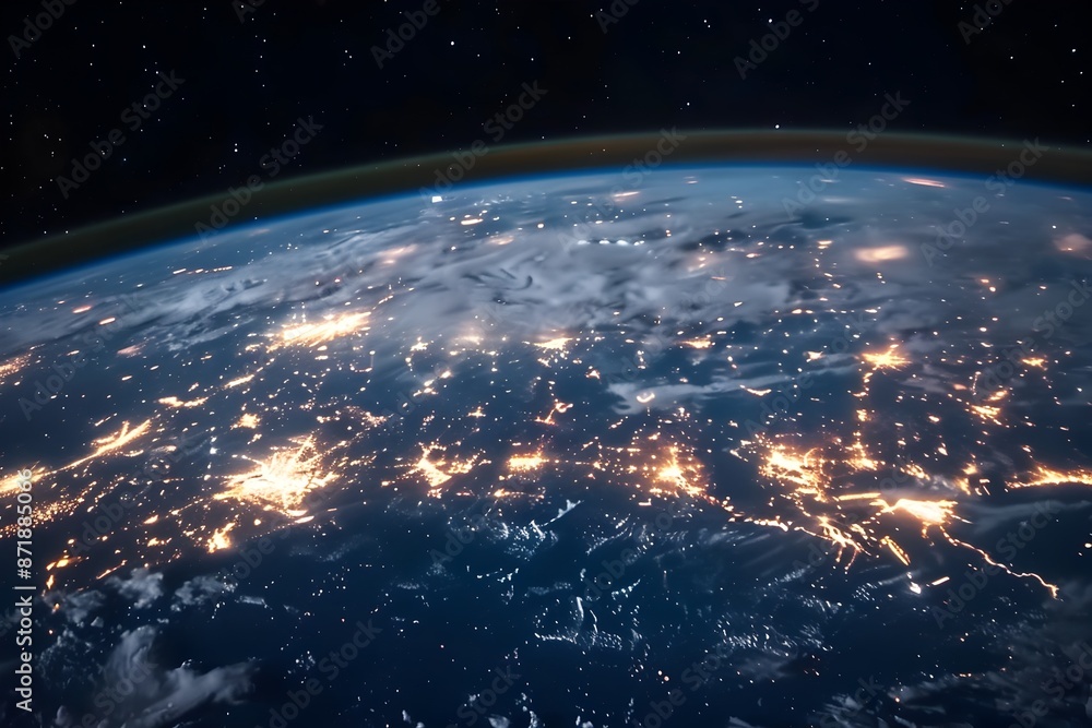 Aufkleber a wide shot of the earth from space, with glowing city lights on its surface and an array of interco