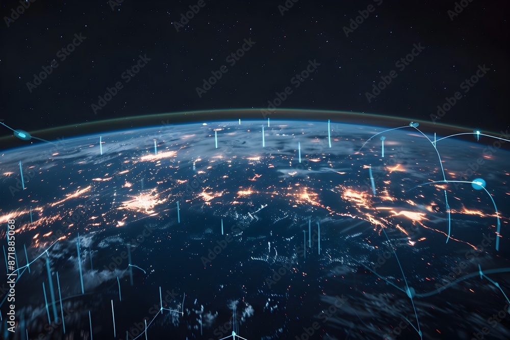 Poster a wide shot of the earth from space, with glowing city lights on its surface and an array of interco