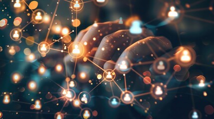 Obraz premium Hand touching digital connection network on dark blue background, technology and business concept.