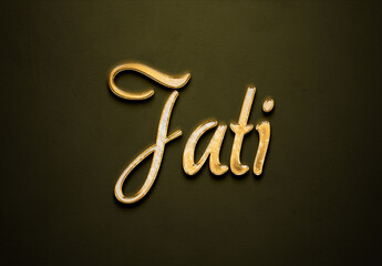 Old gold text effect of Indonesian name Jati with 3D glossy style Mockup.