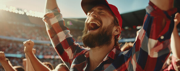 Excited male sports fan cheering at a football game