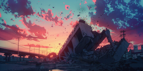 Large Concrete Slab Shattered on Ground with Debris Pieces in Evening Manga Style Illustration
