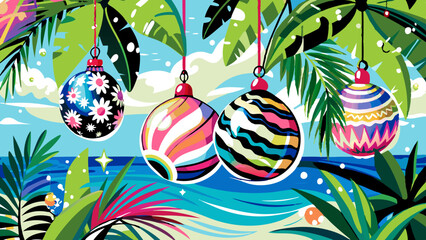 Tropical Christmas Celebration with Festive Ornaments and Palms