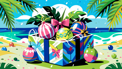 Obraz premium Tropical Easter Celebration: Vibrant Gift Box with Colorful Eggs on Beach