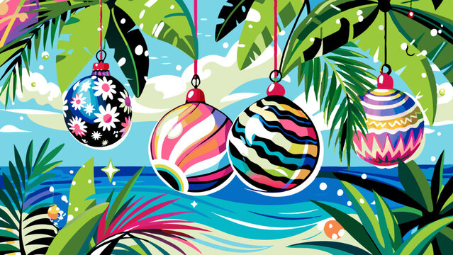 Tropical Christmas Celebration with Festive Ornaments and Palms
