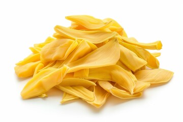 Dried jackfruit chips close up on white background