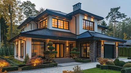 Modern House with Stone Facade and Lush Landscaping