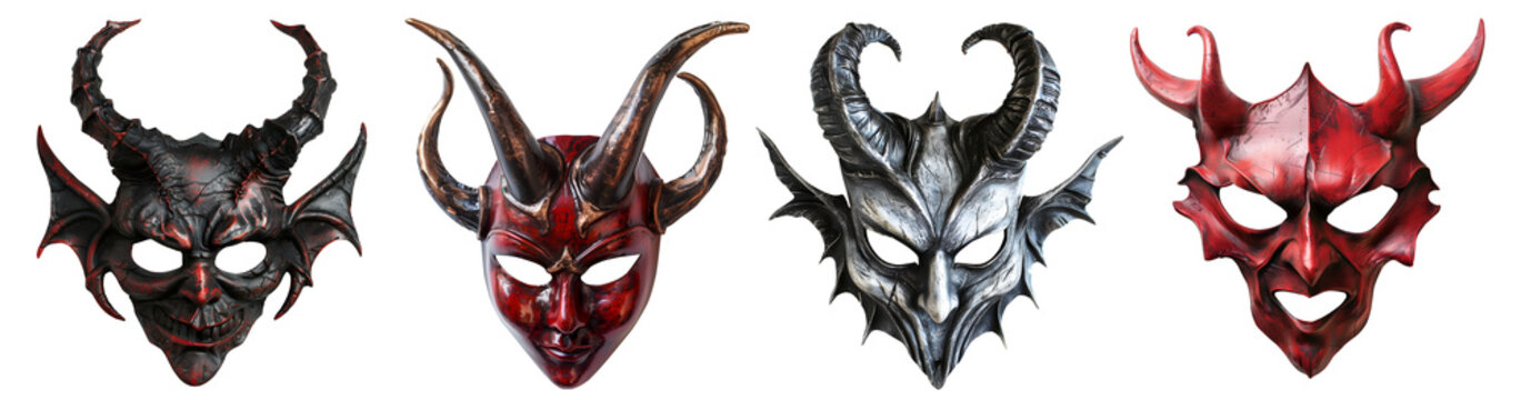 Set of devil demon satan full face Masquerade halloween mask covering on transparent background cutout. PNG file. Many different pair of design. Mockup template for artwork design