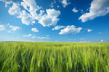 Field of green wheat and blue sky with clouds