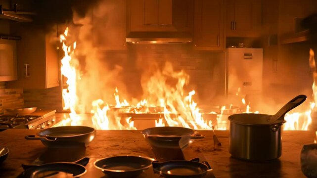 Intense kitchen fire with flames engulfing stove and cabinets