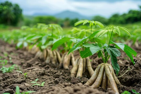 Field of cassava trees growing in Thailand