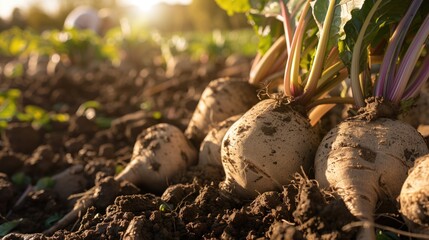 Harvested sugar beets in sunlit field, surrounded by fertile soil and green leaves. Agricultural produce, farming, organic vegetables, harvest season, sustainable agriculture, food industry.