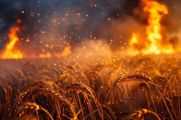 Field with wheat on fire