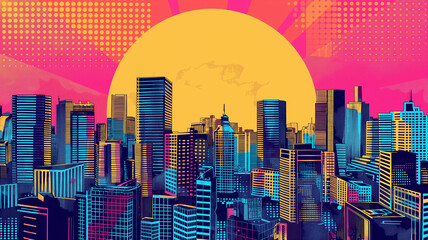 Obraz premium Pop art concept city silhouette. colorful background in pop art retro comic style.