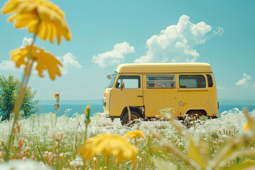 Vintage yellow van in spring meadow landscape with flowers, blue sky and sea on background. Travel concep