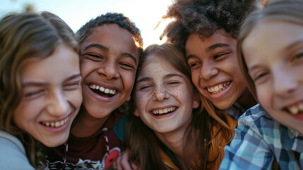 Obraz premium A diverse group of cheerful children are happily smiling and bonding together