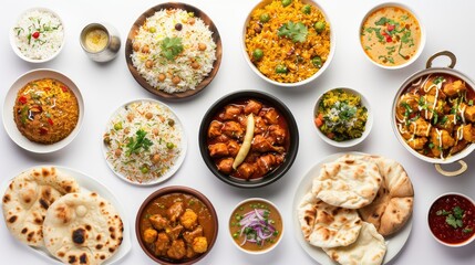 Top view collection of Indian foods isolated on a white background, including momos, butter chicken curry and rice, samosas, and pani puri