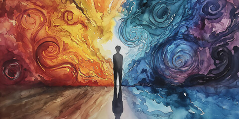 Watercolor art of person engulfed in hazy smoke, depicting sadness
