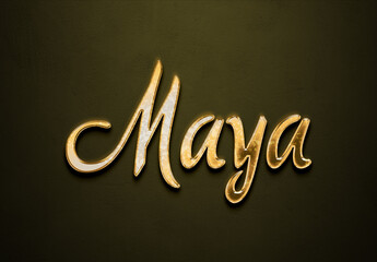 Old gold text effect of Indonesian name Maya with 3D glossy style Mockup.
